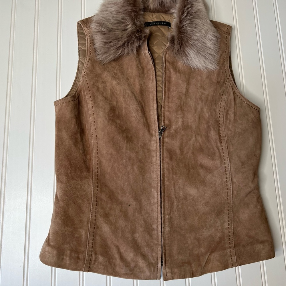 Elie Tahari Brown Suede Vest with Fur Collar